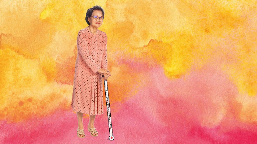 Image of woman holding thermometer as walking stick.;Designer: Raphael Whittle for CentrePiece