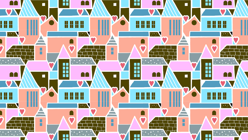 Pattern of tessellating buildings and heart icons;