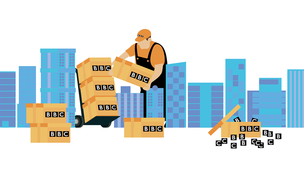 Figure unpacking boxes surrounded by buildings;