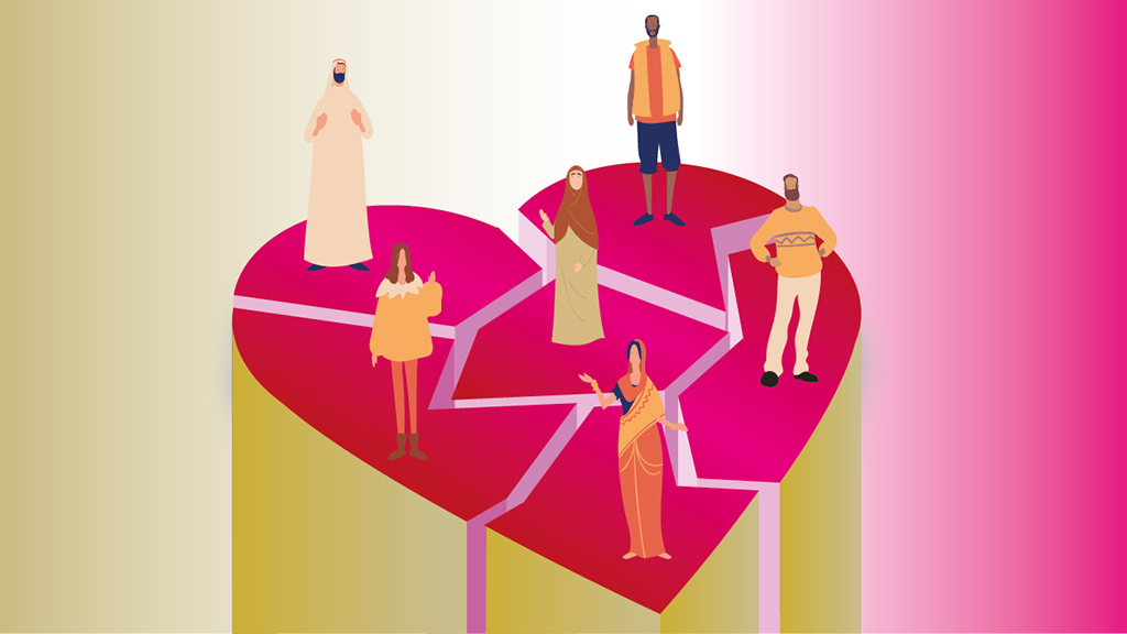 Diverse group of people standing on a broken heart;