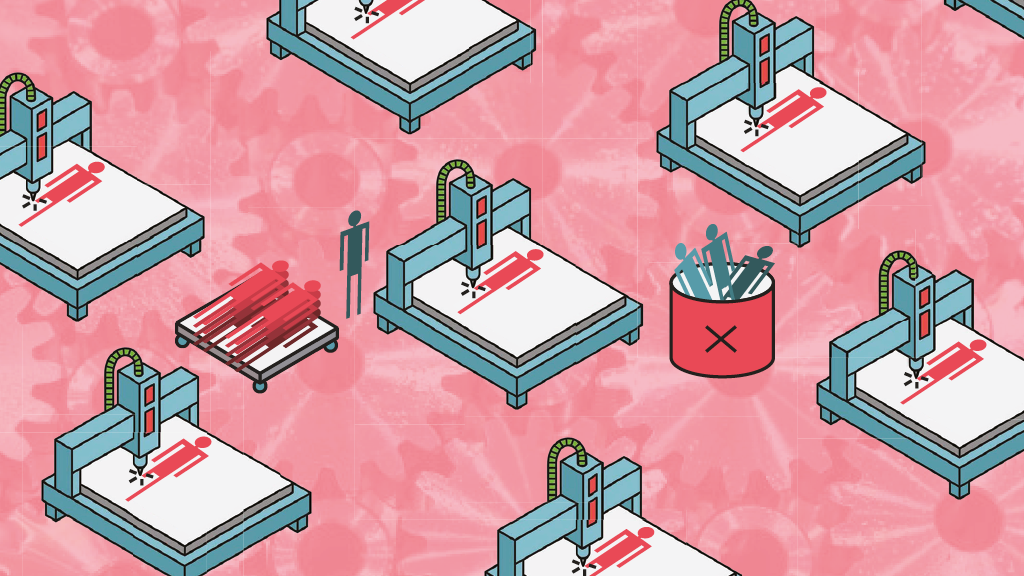 Stylised illustrations of a 3D printer producing employees;Designer Raphael Whittle for CentrePiece