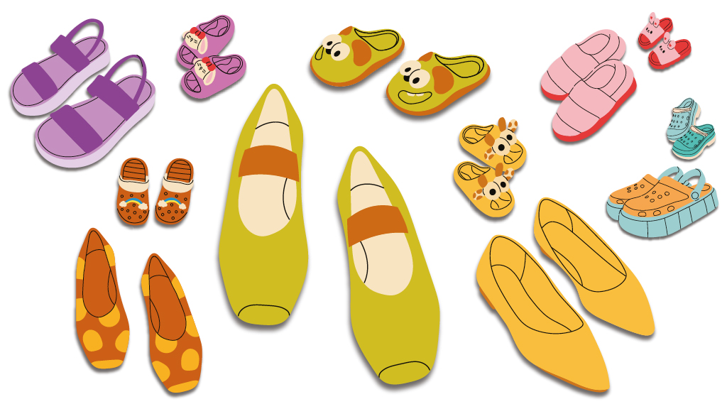Illustration of adult and matching children's shoes;Designer Raphael Whittle for CentrePiece