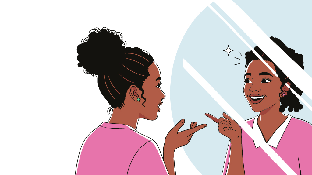Illustration of a lady looking in a mirror where her reflection is giving a satisfied smile.;