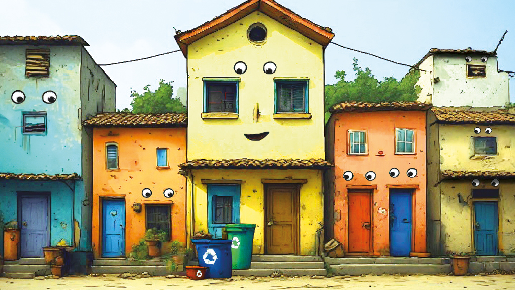 Illustration of a street of houses, where the central house has recycling bins which the neighbouring houses are coveting.;