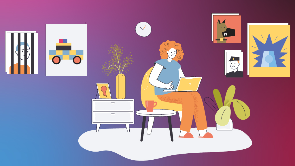 Illustration of a women working at home, with pictures featuring objects associated with policing hanging on her walls.;