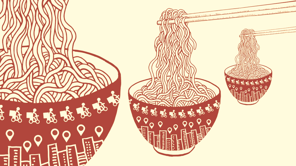 Illustration of noodles in bowls decorated with a pattern featuring skyscrapers and delivery bikes;