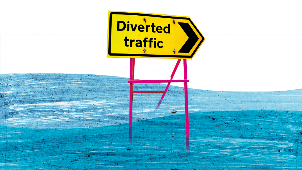 A diverted traffic sign sits in the middle of the ocean;Illustration: Raphael Whittle.