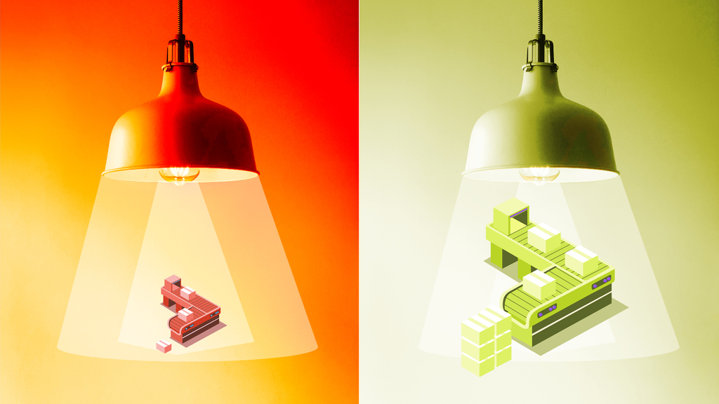 A lightbulb shines on a factory.;Illustration: Raphael Whittle.
