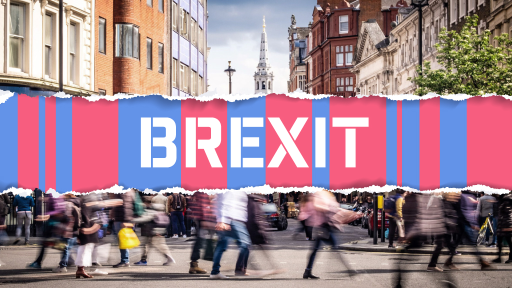 Photo of Brexit banner and people walking through a high street. Credit: Raphael Whittle