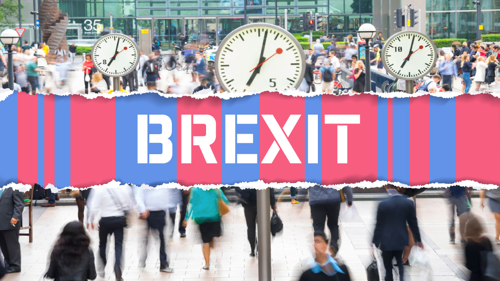Brexit banner and image of commuters at a station.Credit: Raphael Whittle.