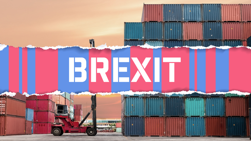 Brexit banner and image of containers in port.Credit: Raphael Whittle.